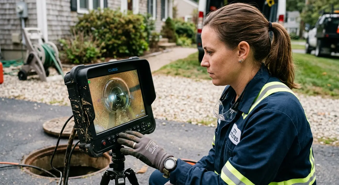 Technician reviewing sewer camera inspection footage in Riverton
