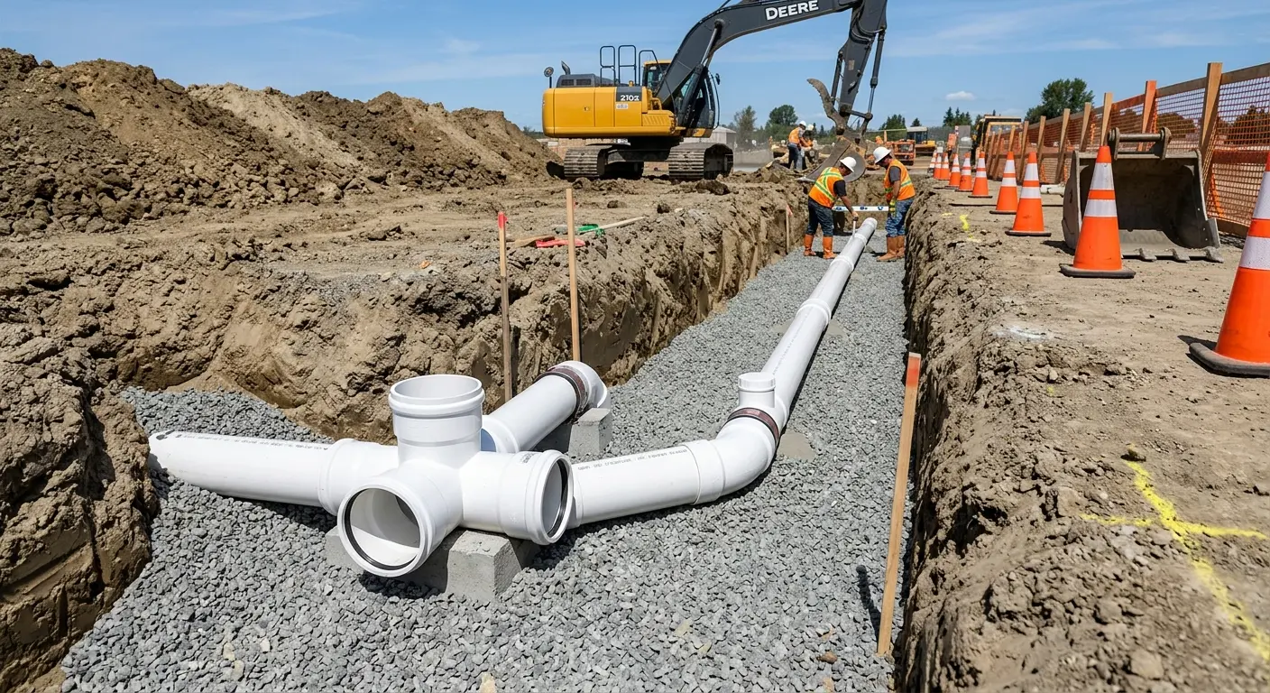 New PVC sewer pipe installation in open trench for Sewer Backup in Riverton