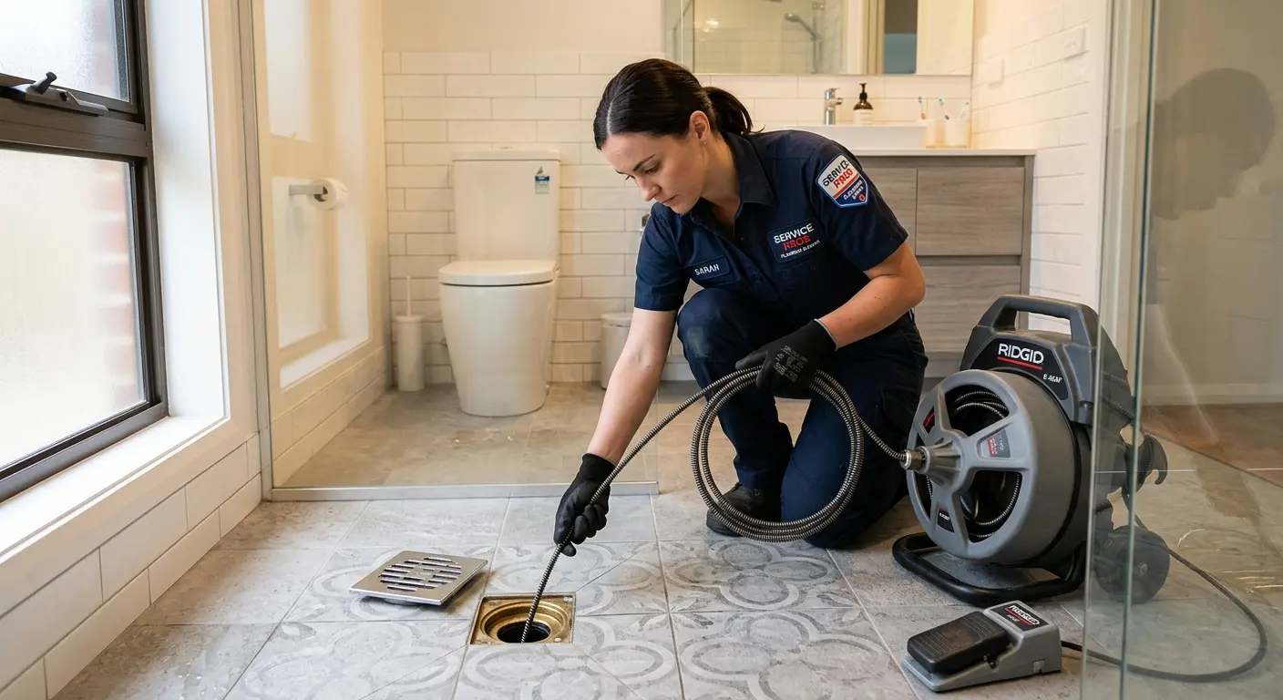 Technician clearing a bathroom floor drain for Drain Repair in Riverton